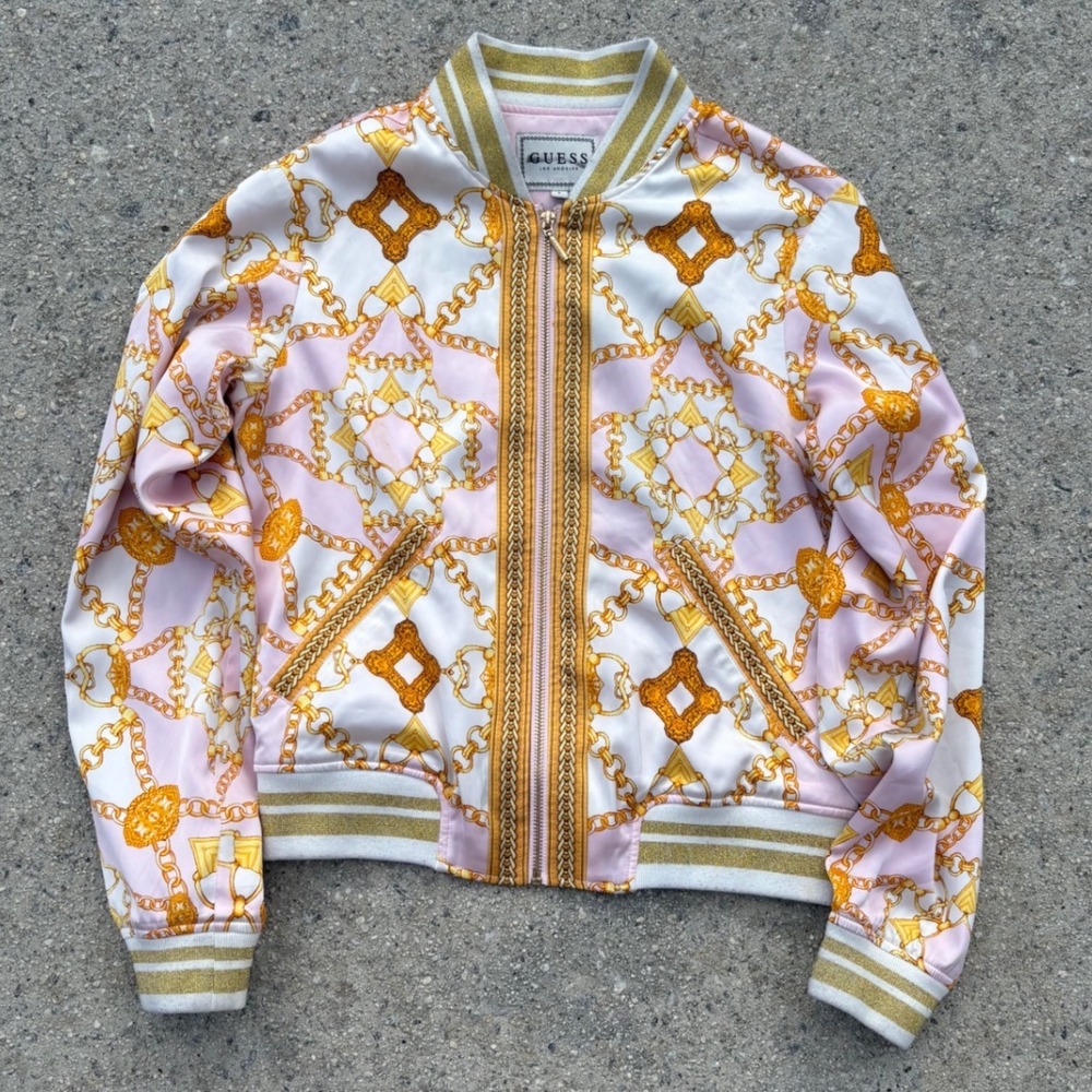 GUESS Pink & Gold Chain Print Bomber Jacket - Versace Style - Women's Small